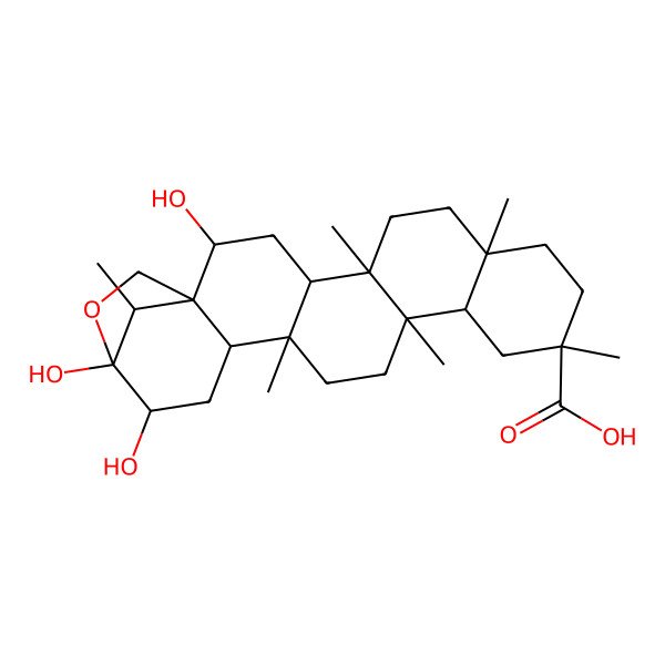 2D Structure of (1S,2R,4S,5R,8S,11R,13R,14S,17R,18S,20R,21R,24R)-2,20,21-trihydroxy-5,8,11,14,17,24-hexamethyl-22-oxahexacyclo[19.2.1.01,18.04,17.05,14.08,13]tetracosane-11-carboxylic acid