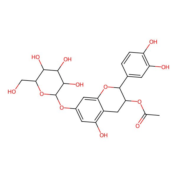 2D Structure of [(2R,3R)-2-(3,4-dihydroxyphenyl)-5-hydroxy-7-[(2S,3R,4S,5S,6R)-3,4,5-trihydroxy-6-(hydroxymethyl)oxan-2-yl]oxy-3,4-dihydro-2H-chromen-3-yl] acetate