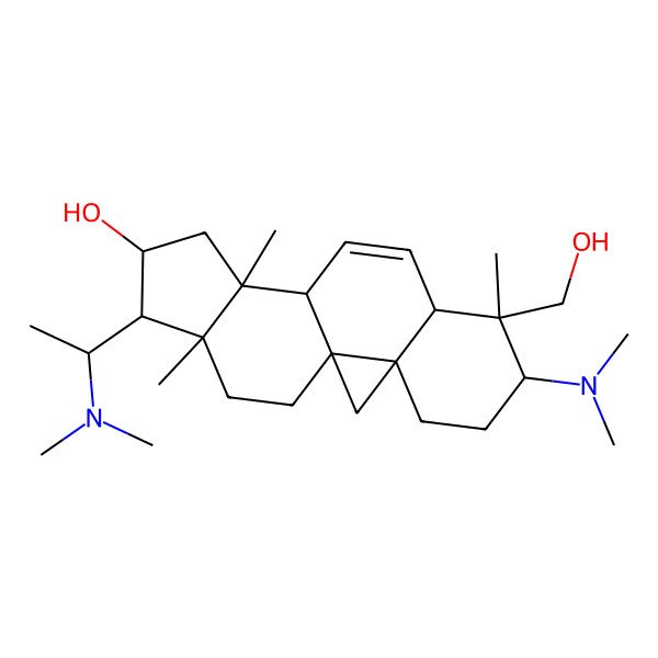 2D Structure of (1S,3R,6S,7R,8R,11S,12S,14R,15S,16R)-6-(dimethylamino)-15-[(1S)-1-(dimethylamino)ethyl]-7-(hydroxymethyl)-7,12,16-trimethylpentacyclo[9.7.0.01,3.03,8.012,16]octadec-9-en-14-ol