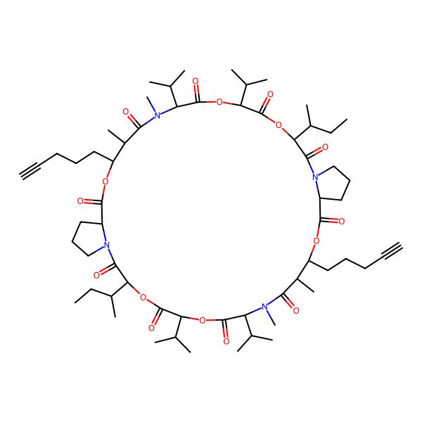 2D Structure of (3S,6S,9R,12R,13R,16R,22S,25S,28R,31R,32R,35S)-3,22-bis[(2S)-butan-2-yl]-10,12,29,31-tetramethyl-13,32-bis(pent-4-ynyl)-6,9,25,28-tetra(propan-2-yl)-4,7,14,23,26,33-hexaoxa-1,10,20,29-tetrazatricyclo[33.3.0.016,20]octatriacontane-2,5,8,11,15,21,24,27,30,34-decone