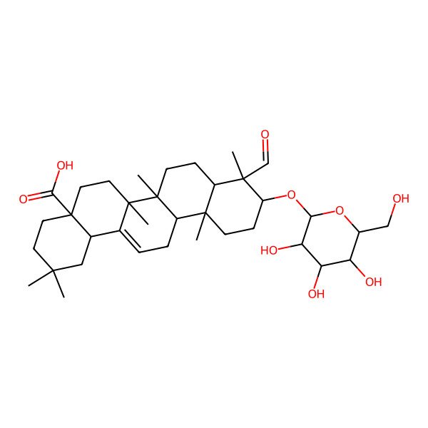 2D Structure of (4aS,6aR,6aS,6bR,8aR,9S,10S,12aR,14bS)-9-formyl-2,2,6a,6b,9,12a-hexamethyl-10-[(2R,3R,4S,5S,6R)-3,4,5-trihydroxy-6-(hydroxymethyl)oxan-2-yl]oxy-1,3,4,5,6,6a,7,8,8a,10,11,12,13,14b-tetradecahydropicene-4a-carboxylic acid
