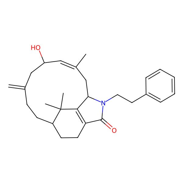 2D Structure of (1R,3E,5S,10R)-5-hydroxy-3,17,17-trimethyl-7-methylidene-15-(2-phenylethyl)-15-azatricyclo[8.5.2.013,16]heptadeca-3,13(16)-dien-14-one