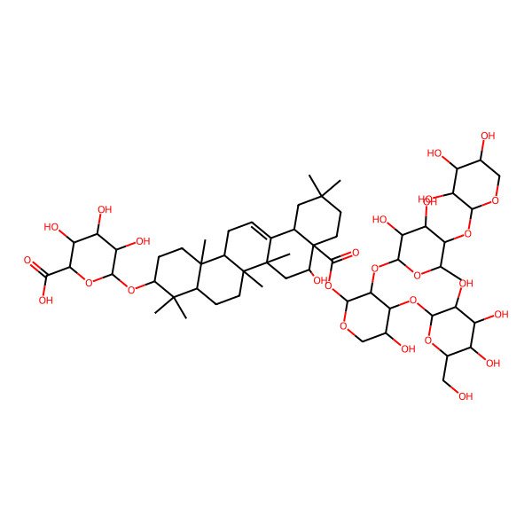 2D Structure of (2S,3S,4S,5R,6R)-6-[[(3S,4aR,6aR,6bS,8R,8aR,12aS,14aR,14bR)-8a-[(2R,3S,4R,5R)-3-[(2S,3R,4S,5R,6S)-3,4-dihydroxy-6-methyl-5-[(2S,3R,4S,5R)-3,4,5-trihydroxyoxan-2-yl]oxyoxan-2-yl]oxy-5-hydroxy-4-[(2S,3R,4S,5S,6R)-3,4,5-trihydroxy-6-(hydroxymethyl)oxan-2-yl]oxyoxan-2-yl]oxycarbonyl-8-hydroxy-4,4,6a,6b,11,11,14b-heptamethyl-1,2,3,4a,5,6,7,8,9,10,12,12a,14,14a-tetradecahydropicen-3-yl]oxy]-3,4,5-trihydroxyoxane-2-carboxylic acid