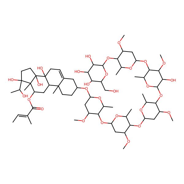 2D Structure of [8,14,17-Trihydroxy-17-(1-hydroxyethyl)-3-[5-[5-[5-[3-hydroxy-4-methoxy-5-[4-methoxy-6-methyl-5-[3,4,5-trihydroxy-6-(hydroxymethyl)oxan-2-yl]oxyoxan-2-yl]oxy-6-methyloxan-2-yl]oxy-4-methoxy-6-methyloxan-2-yl]oxy-4-methoxy-6-methyloxan-2-yl]oxy-4-methoxy-6-methyloxan-2-yl]oxy-10,13-dimethyl-1,2,3,4,7,9,11,12,15,16-decahydrocyclopenta[a]phenanthren-12-yl] 2-methylbut-2-enoate