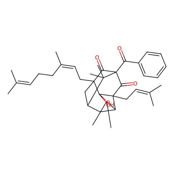 2D Structure of (1S,3R,4S,7R,9R,11S)-1-benzoyl-11-[(2E)-3,7-dimethylocta-2,6-dienyl]-4-hydroxy-6,6,13,13-tetramethyl-3-(3-methylbut-2-enyl)-5-oxatetracyclo[7.3.1.03,7.04,11]tridecane-2,12-dione