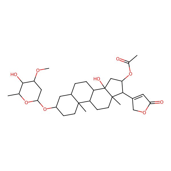 2D Structure of 14-Hydroxy-3-((5-hydroxy-4-methoxy-6-methyltetrahydro-2H-pyran-2-yl)oxy)-10,13-dimethyl-17-(5-oxo-2,5-dihydrofuran-3-yl)hexadecahydro-1H-cyclopenta[a]phenanthren-16-yl acetate