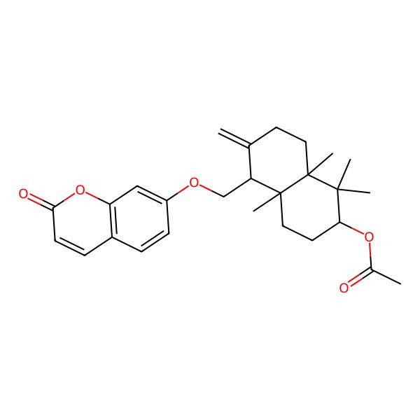 2D Structure of [(2S,4aR,5S,8aS)-1,1,4a,8a-tetramethyl-6-methylidene-5-[(2-oxochromen-7-yl)oxymethyl]-2,3,4,5,7,8-hexahydronaphthalen-2-yl] acetate