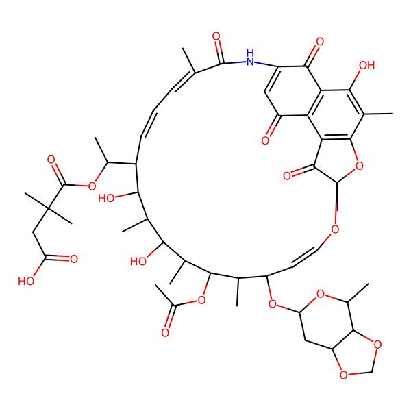 2D Structure of 4-[(1R)-1-[(7R,9E,11S,12R,13R,14S,15S,16R,17R,18S,19E,21E)-11-[[(3aR,4S,6S,7aS)-4-methyl-4,6,7,7a-tetrahydro-3aH-[1,3]dioxolo[4,5-c]pyran-6-yl]oxy]-13-acetyloxy-2,15,17-trihydroxy-3,7,12,14,16,22-hexamethyl-6,23,27,29-tetraoxo-8,30-dioxa-24-azatetracyclo[23.3.1.14,7.05,28]triaconta-1(28),2,4,9,19,21,25-heptaen-18-yl]ethoxy]-3,3-dimethyl-4-oxobutanoic acid