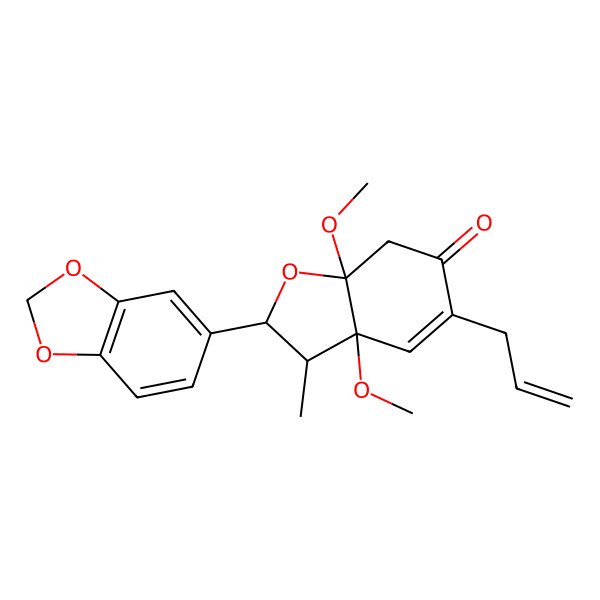 2D Structure of (2S,3R,3aR,7aR)-2-(1,3-benzodioxol-5-yl)-3a,7a-dimethoxy-3-methyl-5-prop-2-enyl-3,7-dihydro-2H-1-benzofuran-6-one