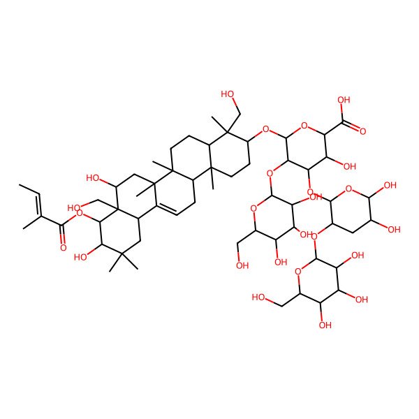 2D Structure of (2S,3S,4S,5R,6R)-6-[[(3S,4R,4aR,6aR,6bS,8R,8aR,9R,10R,12aS,14aR,14bR)-8,10-dihydroxy-4,8a-bis(hydroxymethyl)-4,6a,6b,11,11,14b-hexamethyl-9-[(Z)-2-methylbut-2-enoyl]oxy-1,2,3,4a,5,6,7,8,9,10,12,12a,14,14a-tetradecahydropicen-3-yl]oxy]-4-[(2R,3R,5R,6S)-5,6-dihydroxy-3-[(2S,3R,4S,5S,6R)-3,4,5-trihydroxy-6-(hydroxymethyl)oxan-2-yl]oxyoxan-2-yl]oxy-3-hydroxy-5-[(2S,3R,4S,5R,6R)-3,4,5-trihydroxy-6-(hydroxymethyl)oxan-2-yl]oxyoxane-2-carboxylic acid
