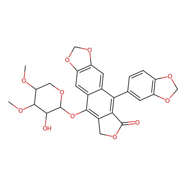 2D Structure of 9-(1,3-benzodioxol-5-yl)-5-[(2R,3R,4R,5R)-3-hydroxy-4,5-dimethoxyoxan-2-yl]oxy-6H-[2]benzofuro[6,5-f][1,3]benzodioxol-8-one