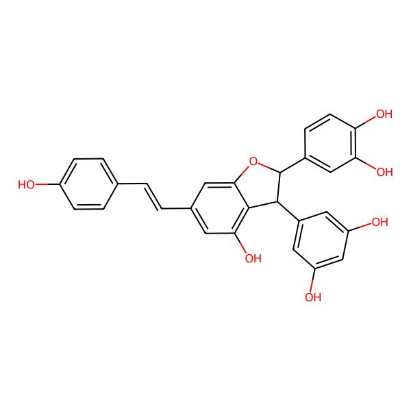2D Structure of 4-[(2S,3S)-3-(3,5-dihydroxyphenyl)-4-hydroxy-6-[(E)-2-(4-hydroxyphenyl)ethenyl]-2,3-dihydro-1-benzofuran-2-yl]benzene-1,2-diol