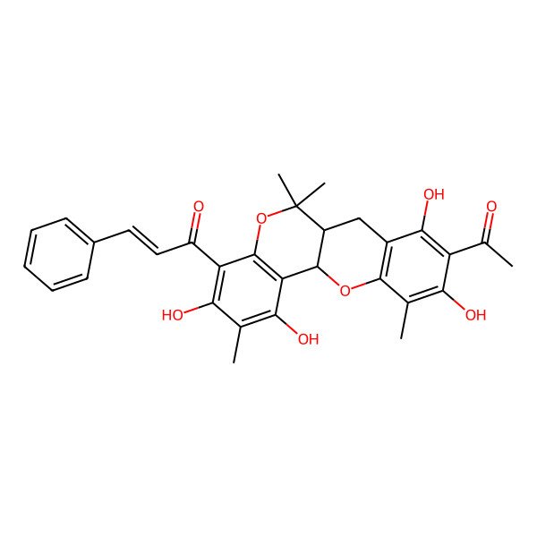 2D Structure of 1-(9-acetyl-1,3,8,10-tetrahydroxy-2,6,6,11-tetramethyl-7,12a-dihydro-6aH-chromeno[3,2-c]chromen-4-yl)-3-phenylprop-2-en-1-one