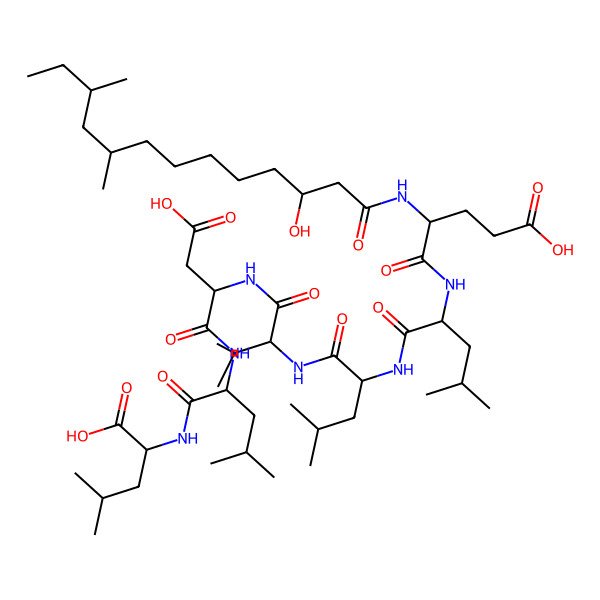 2D Structure of 2-[[2-[[3-Carboxy-2-[[2-[[2-[[2-[[4-carboxy-2-[(3-hydroxy-9,11-dimethyltridecanoyl)amino]butanoyl]amino]-4-methylpentanoyl]amino]-4-methylpentanoyl]amino]-3-methylbutanoyl]amino]propanoyl]amino]-4-methylpentanoyl]amino]-4-methylpentanoic acid