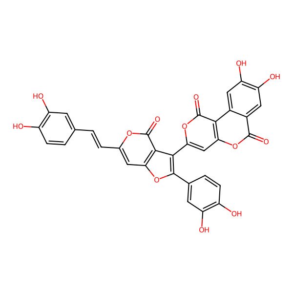 2D Structure of 3-[2-(3,4-Dihydroxyphenyl)-6-[2-(3,4-dihydroxyphenyl)ethenyl]-4-oxofuro[3,2-c]pyran-3-yl]-8,9-dihydroxypyrano[4,3-c]isochromene-1,6-dione