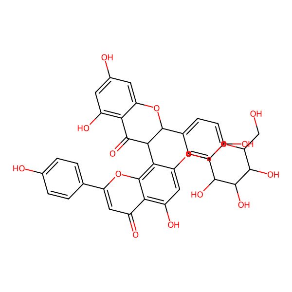 2D Structure of 8-[(2R,3R)-5,7-dihydroxy-2-(4-hydroxyphenyl)-4-oxo-2,3-dihydrochromen-3-yl]-5-hydroxy-2-(4-hydroxyphenyl)-7-[(2S,3R,4S,5S,6R)-3,4,5-trihydroxy-6-(hydroxymethyl)oxan-2-yl]oxychromen-4-one