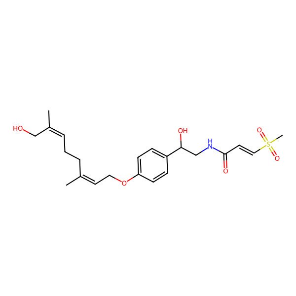 2D Structure of (E)-N-[(2R)-2-hydroxy-2-[4-[(2E,6E)-8-hydroxy-3,7-dimethylocta-2,6-dienoxy]phenyl]ethyl]-3-methylsulfonylprop-2-enamide