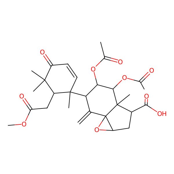 2D Structure of 4,5-Diacetyloxy-6-[6-(2-methoxy-2-oxoethyl)-1,5,5-trimethyl-4-oxocyclohex-2-en-1-yl]-3a-methyl-7-methylidene-1a,2,3,4,5,6-hexahydroindeno[3,3a-b]oxirene-3-carboxylic acid