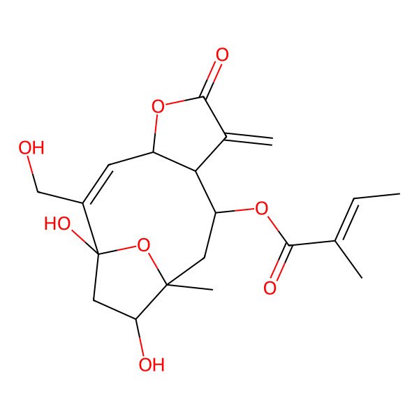 2D Structure of [(1R,2Z,4R,8R,9R,11R,12S)-1,12-dihydroxy-2-(hydroxymethyl)-11-methyl-7-methylidene-6-oxo-5,14-dioxatricyclo[9.2.1.04,8]tetradec-2-en-9-yl] (Z)-2-methylbut-2-enoate