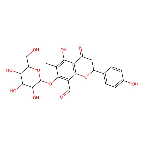 2D Structure of (2S)-5-hydroxy-2-(4-hydroxyphenyl)-6-methyl-4-oxo-7-[(2S,3R,4S,5S,6R)-3,4,5-trihydroxy-6-(hydroxymethyl)oxan-2-yl]oxy-2,3-dihydrochromene-8-carbaldehyde