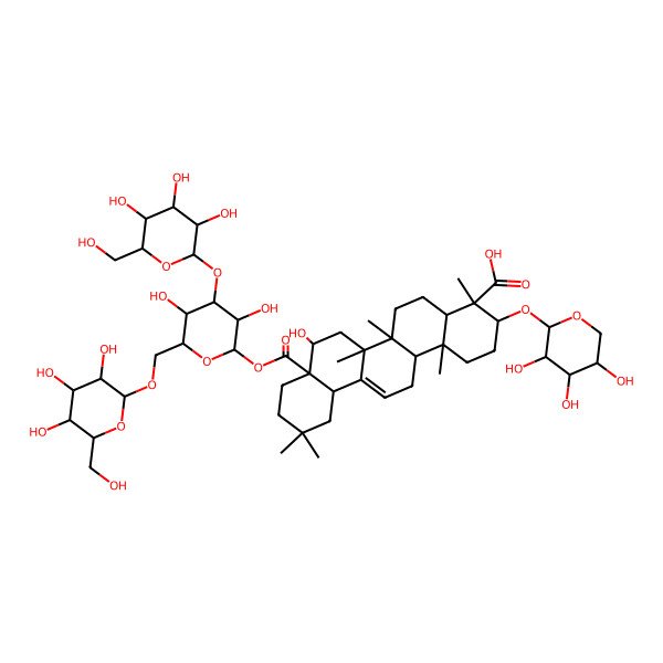 2D Structure of (3S,4S,4aR,6aR,6bS,8R,8aR,12aS,14aR,14bR)-8a-[(2S,3R,4S,5R,6R)-3,5-dihydroxy-4-[(2R,3R,4S,5S,6R)-3,4,5-trihydroxy-6-(hydroxymethyl)oxan-2-yl]oxy-6-[[(2R,3R,4S,5S,6R)-3,4,5-trihydroxy-6-(hydroxymethyl)oxan-2-yl]oxymethyl]oxan-2-yl]oxycarbonyl-8-hydroxy-4,6a,6b,11,11,14b-hexamethyl-3-[(2S,3R,4S,5R)-3,4,5-trihydroxyoxan-2-yl]oxy-1,2,3,4a,5,6,7,8,9,10,12,12a,14,14a-tetradecahydropicene-4-carboxylic acid