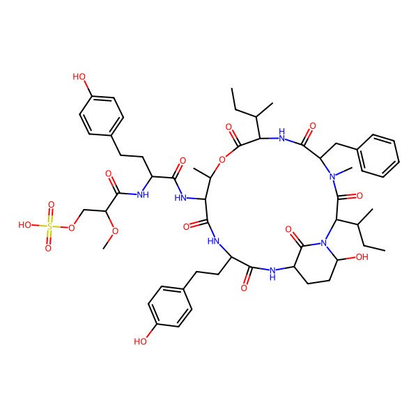 2D Structure of [(2R)-3-[[(2R)-1-[[(2S,5S,8S,11R,12S,15S,18S)-5-benzyl-2,8-bis[(2S)-butan-2-yl]-21-hydroxy-15-[2-(4-hydroxyphenyl)ethyl]-4,11-dimethyl-3,6,9,13,16,22-hexaoxo-10-oxa-1,4,7,14,17-pentazabicyclo[16.3.1]docosan-12-yl]amino]-4-(4-hydroxyphenyl)-1-oxobutan-2-yl]amino]-2-methoxy-3-oxopropyl] hydrogen sulfate