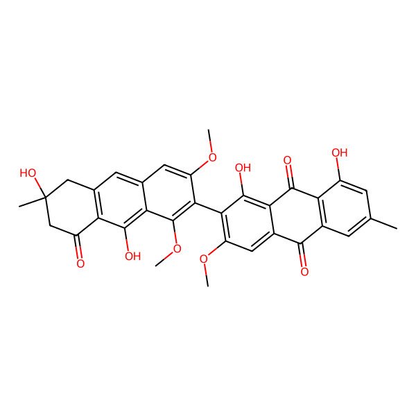 2D Structure of 2-(6,9-Dihydroxy-1,3-dimethoxy-6-methyl-8-oxo-5,7-dihydroanthracen-2-yl)-1,8-dihydroxy-3-methoxy-6-methylanthracene-9,10-dione