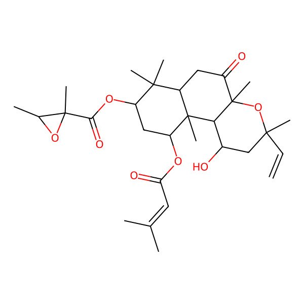 2D Structure of [(1R,3S,4aR,6aR,8S,10R,10aR,10bR)-3-ethenyl-1-hydroxy-3,4a,7,7,10a-pentamethyl-10-(3-methylbut-2-enoyloxy)-5-oxo-1,2,6,6a,8,9,10,10b-octahydrobenzo[f]chromen-8-yl] (2S,3S)-2,3-dimethyloxirane-2-carboxylate