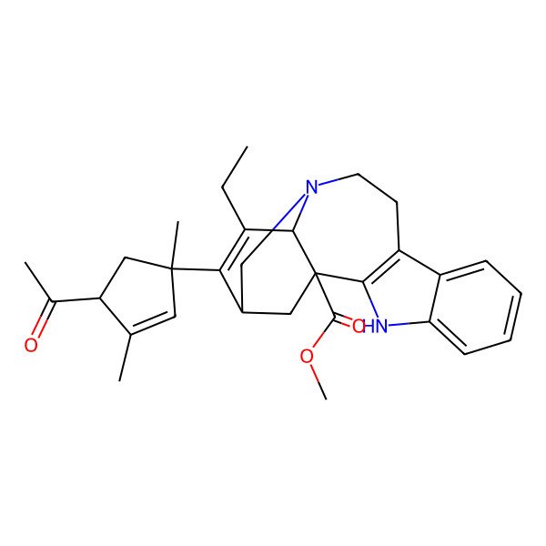 2D Structure of methyl (1R,15R,18R)-16-[(1S,4S)-4-acetyl-1,3-dimethylcyclopent-2-en-1-yl]-17-ethyl-3,13-diazapentacyclo[13.3.1.02,10.04,9.013,18]nonadeca-2(10),4,6,8,16-pentaene-1-carboxylate
