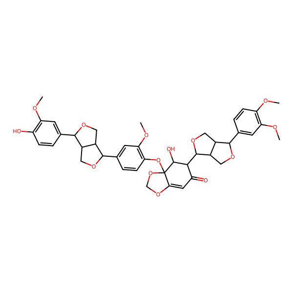 2D Structure of (6R,7S,7aR)-6-[(3R,3aR,6R,6aR)-6-(3,4-dimethoxyphenyl)-1,3,3a,4,6,6a-hexahydrofuro[3,4-c]furan-3-yl]-7a-[4-[(3R,3aS,6S,6aS)-3-(4-hydroxy-3-methoxyphenyl)-1,3,3a,4,6,6a-hexahydrofuro[3,4-c]furan-6-yl]-2-methoxyphenoxy]-7-hydroxy-6,7-dihydro-1,3-benzodioxol-5-one