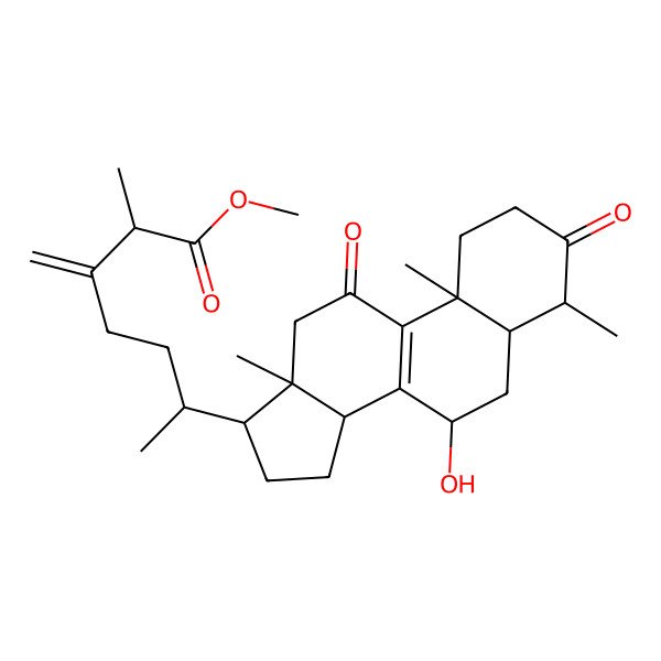 2D Structure of methyl (2S,6R)-6-[(4S,5R,7S,10S,13R,14S,17R)-7-hydroxy-4,10,13-trimethyl-3,11-dioxo-2,4,5,6,7,12,14,15,16,17-decahydro-1H-cyclopenta[a]phenanthren-17-yl]-2-methyl-3-methylideneheptanoate