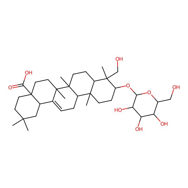 2D Structure of (4aS,6aR,6aR,6bR,8aR,9R,10S,12aR,14bS)-9-(hydroxymethyl)-2,2,6a,6b,9,12a-hexamethyl-10-[(2R,3R,4S,5S,6R)-3,4,5-trihydroxy-6-(hydroxymethyl)oxan-2-yl]oxy-1,3,4,5,6,6a,7,8,8a,10,11,12,13,14b-tetradecahydropicene-4a-carboxylic acid