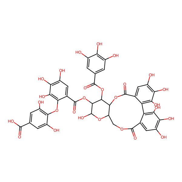 2D Structure of 4-[6-[[(10R,11S,12R,15R)-3,4,5,13,21,22,23-heptahydroxy-8,18-dioxo-11-(3,4,5-trihydroxybenzoyl)oxy-9,14,17-trioxatetracyclo[17.4.0.02,7.010,15]tricosa-1(23),2,4,6,19,21-hexaen-12-yl]oxycarbonyl]-2,3,4-trihydroxyphenoxy]-3,5-dihydroxybenzoic acid