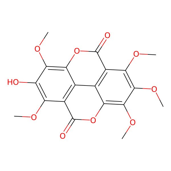 2D Structure of 6-Hydroxy-5,7,12,13,14-pentamethoxy-2,9-dioxatetracyclo[6.6.2.04,16.011,15]hexadeca-1(14),4(16),5,7,11(15),12-hexaene-3,10-dione