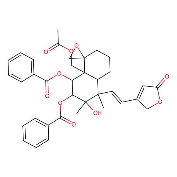 2D Structure of [(1R,2S,3R,4S,4aR,8R,8aR)-8a-(acetyloxymethyl)-1-benzoyloxy-3-hydroxy-3,4-dimethyl-4-[(E)-2-(5-oxo-2H-furan-3-yl)ethenyl]spiro[1,2,4a,5,6,7-hexahydronaphthalene-8,2'-oxirane]-2-yl] benzoate
