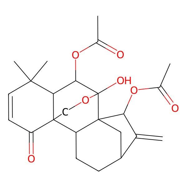 2D Structure of (7-Acetyloxy-9-hydroxy-12,12-dimethyl-6-methylidene-15-oxo-17-oxapentacyclo[7.6.2.15,8.01,11.02,8]octadec-13-en-10-yl) acetate