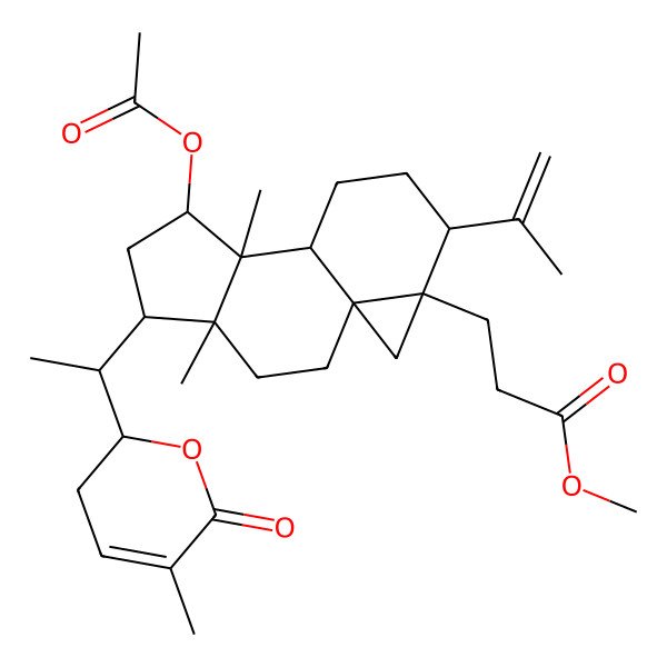 2D Structure of methyl 3-[(1S,4R,5R,7S,8S,9R,12S,13R)-7-acetyloxy-4,8-dimethyl-5-[(1S)-1-[(2R)-5-methyl-6-oxo-2,3-dihydropyran-2-yl]ethyl]-12-prop-1-en-2-yl-13-tetracyclo[7.5.0.01,13.04,8]tetradecanyl]propanoate