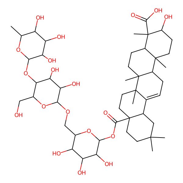 2D Structure of (3S,4S,4aR,6aR,6bS,8aS,12aS,14aR,14bR)-8a-[(2S,3R,4S,5S,6R)-6-[[(2R,3R,4R,5S,6R)-3,4-dihydroxy-6-(hydroxymethyl)-5-[(2S,3R,4R,5R,6S)-3,4,5-trihydroxy-6-methyloxan-2-yl]oxyoxan-2-yl]oxymethyl]-3,4,5-trihydroxyoxan-2-yl]oxycarbonyl-3-hydroxy-4,6a,6b,11,11,14b-hexamethyl-1,2,3,4a,5,6,7,8,9,10,12,12a,14,14a-tetradecahydropicene-4-carboxylic acid