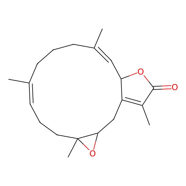 2D Structure of (3R,5R,8E,13E,15S)-5,9,13,18-tetramethyl-4,16-dioxatricyclo[13.3.0.03,5]octadeca-1(18),8,13-trien-17-one