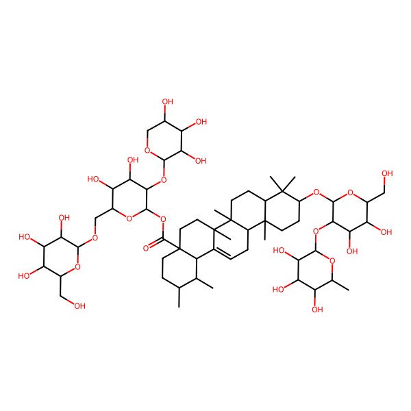 2D Structure of [4,5-dihydroxy-6-[[3,4,5-trihydroxy-6-(hydroxymethyl)oxan-2-yl]oxymethyl]-3-(3,4,5-trihydroxyoxan-2-yl)oxyoxan-2-yl] 10-[4,5-dihydroxy-6-(hydroxymethyl)-3-(3,4,5-trihydroxy-6-methyloxan-2-yl)oxyoxan-2-yl]oxy-1,2,6a,6b,9,9,12a-heptamethyl-2,3,4,5,6,6a,7,8,8a,10,11,12,13,14b-tetradecahydro-1H-picene-4a-carboxylate