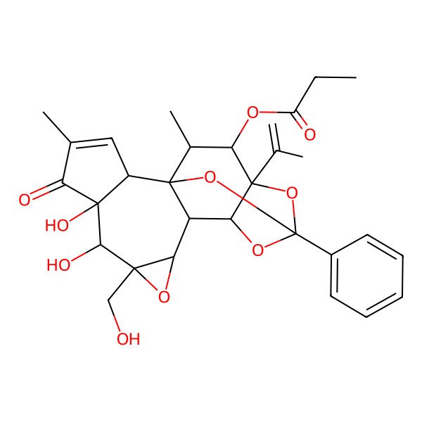 2D Structure of [6,7-Dihydroxy-8-(hydroxymethyl)-4,18-dimethyl-5-oxo-14-phenyl-16-prop-1-en-2-yl-9,13,15,19-tetraoxahexacyclo[12.4.1.01,11.02,6.08,10.012,16]nonadec-3-en-17-yl] propanoate