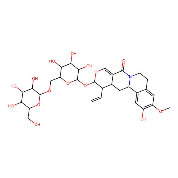 2D Structure of (1R,15S,16S,17S)-16-ethenyl-4-hydroxy-5-methoxy-15-[(2S,3R,4S,5S,6R)-3,4,5-trihydroxy-6-[[(2R,3R,4S,5S,6R)-3,4,5-trihydroxy-6-(hydroxymethyl)oxan-2-yl]oxymethyl]oxan-2-yl]oxy-14-oxa-10-azatetracyclo[8.8.0.02,7.012,17]octadeca-2,4,6,12-tetraen-11-one