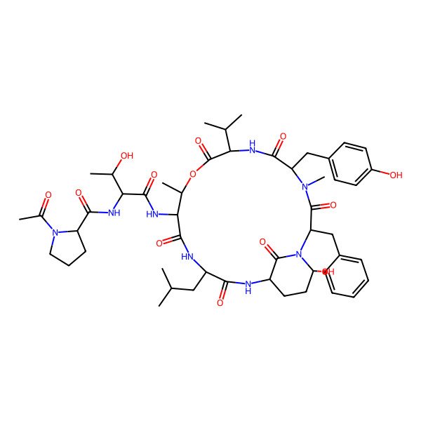 2D Structure of 1-acetyl-N-[1-[[2-benzyl-21-hydroxy-5-[(4-hydroxyphenyl)methyl]-4,11-dimethyl-15-(2-methylpropyl)-3,6,9,13,16,22-hexaoxo-8-propan-2-yl-10-oxa-1,4,7,14,17-pentazabicyclo[16.3.1]docosan-12-yl]amino]-3-hydroxy-1-oxobutan-2-yl]pyrrolidine-2-carboxamide