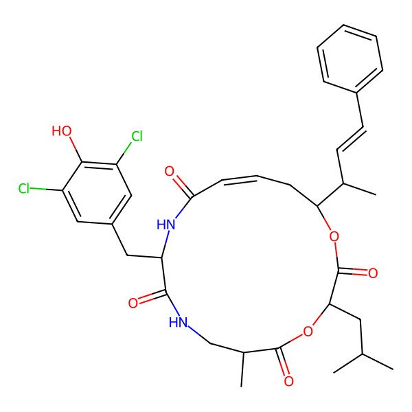 2D Structure of 10-[(3,5-Dichloro-4-hydroxyphenyl)methyl]-6-methyl-3-(2-methylpropyl)-16-(4-phenylbut-3-en-2-yl)-1,4-dioxa-8,11-diazacyclohexadec-13-ene-2,5,9,12-tetrone