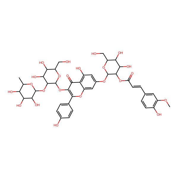 2D Structure of [(2S,3R,4S,5S,6R)-2-[3-[(2S,3R,4S,5S,6R)-4,5-dihydroxy-6-(hydroxymethyl)-3-[(2R,3S,4S,5S,6R)-3,4,5-trihydroxy-6-methyloxan-2-yl]oxyoxan-2-yl]oxy-5-hydroxy-2-(4-hydroxyphenyl)-4-oxochromen-7-yl]oxy-4,5-dihydroxy-6-(hydroxymethyl)oxan-3-yl] (E)-3-(4-hydroxy-3-methoxyphenyl)prop-2-enoate