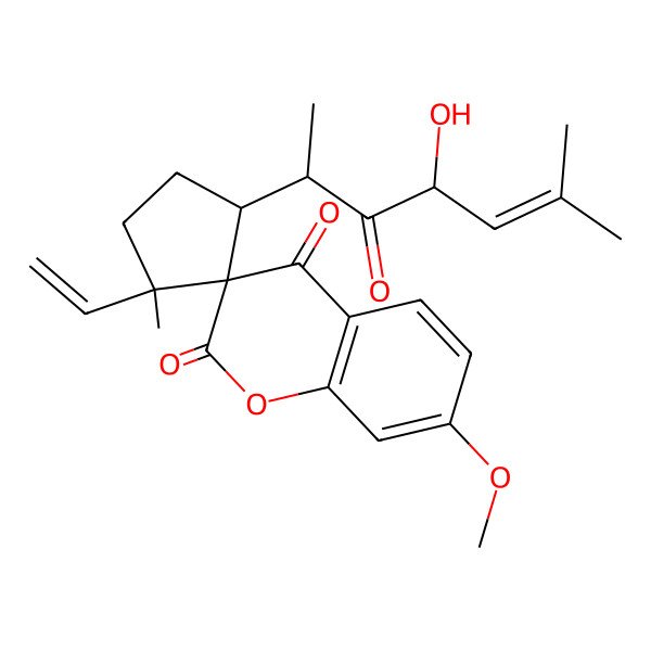 2D Structure of 1'-Ethenyl-3'-(4-hydroxy-6-methyl-3-oxohept-5-en-2-yl)-7-methoxy-1'-methylspiro[chromene-3,2'-cyclopentane]-2,4-dione