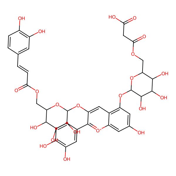 2D Structure of 3-[[(2R,3S,4S,5R,6S)-6-[2-(3,4-dihydroxyphenyl)-3-[(2S,3S,4S,5S,6R)-6-[3-(3,4-dihydroxyphenyl)prop-2-enoyloxymethyl]-3,4,5-trihydroxyoxan-2-yl]oxy-7-hydroxychromenylium-5-yl]oxy-3,4,5-trihydroxyoxan-2-yl]methoxy]-3-oxopropanoic acid