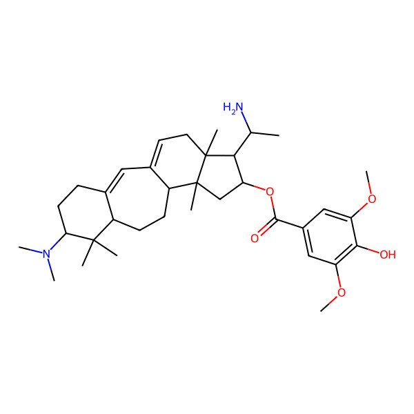 2D Structure of [(6S,8S,11R,12S,14R,15S,16R)-15-[(1S)-1-aminoethyl]-6-(dimethylamino)-7,7,12,16-tetramethyl-14-tetracyclo[9.7.0.03,8.012,16]octadeca-1(18),2-dienyl] 4-hydroxy-3,5-dimethoxybenzoate