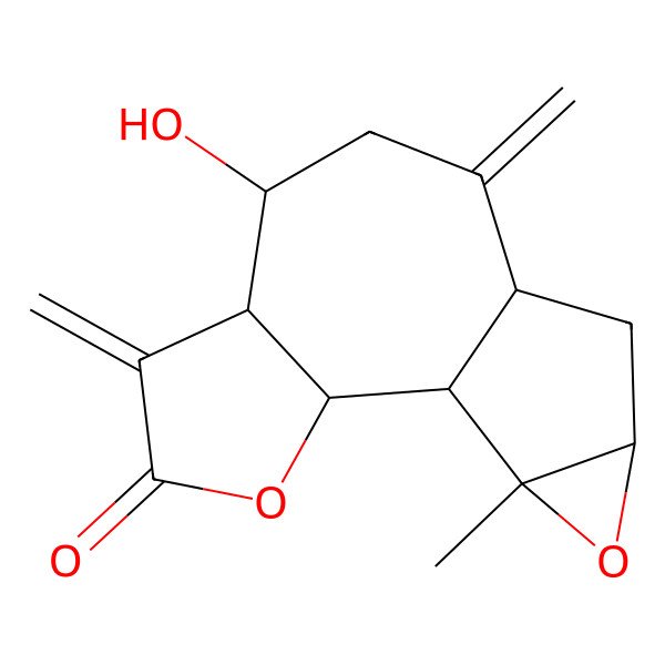 2D Structure of (1S,2S,6R,7S,10R,12R,14S)-7-hydroxy-14-methyl-5,9-dimethylidene-3,13-dioxatetracyclo[8.4.0.02,6.012,14]tetradecan-4-one