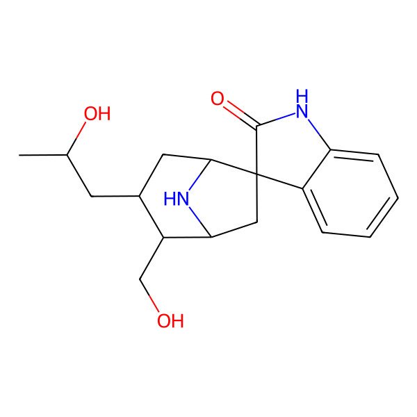2D Structure of (1'S,2'R,3S,3'S,5'S)-2'-(hydroxymethyl)-3'-[(2S)-2-hydroxypropyl]spiro[1H-indole-3,6'-8-azabicyclo[3.2.1]octane]-2-one